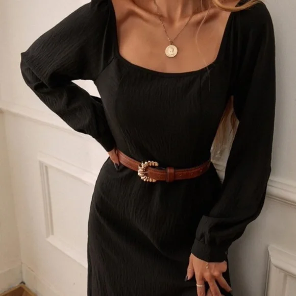 Black Solid Classic Midi Dress Minimalist A-line Work Office - Picture 4 of 6